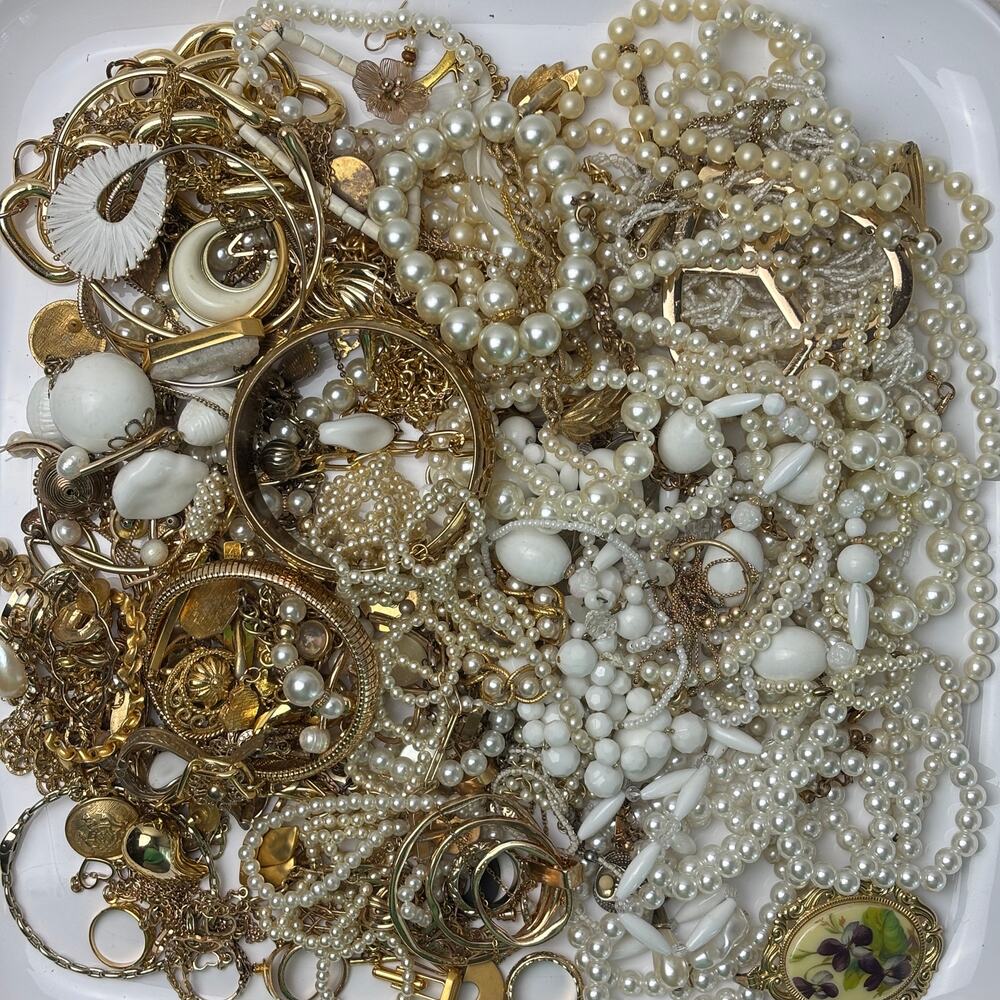 Curated Craft Jewelry Lot - 3 lbs Elegant Gold Tone Metal White Faux Pearl